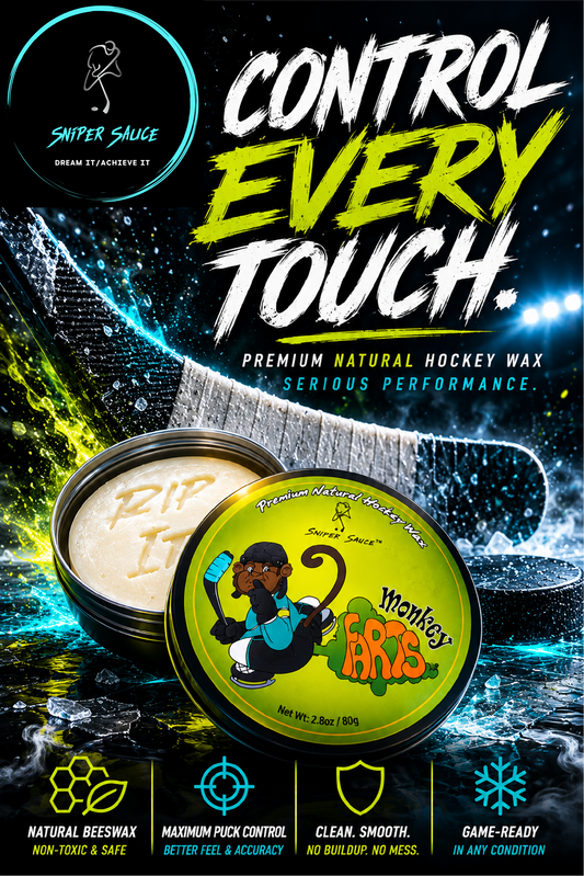 Sniper Sauce hockey wax packaging with text 'Control Every Touch' on a dark background. Benefits of Sniper Sauce hockey stick wax.