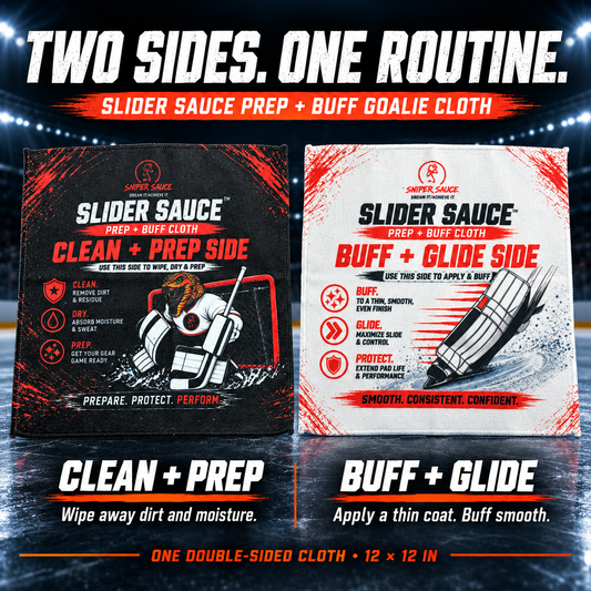 Black Clean + Prep and white Buff + Glide faces of one double-sided 12 by 12-inch cloth.