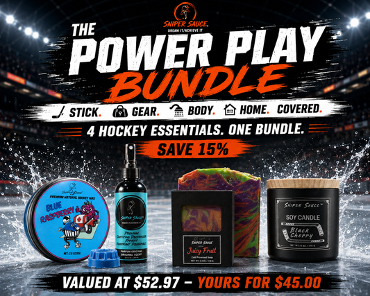 Sniper Sauce Power Play Bundle featuring hockey stick wax, a soy candle, and equipment deodorizer spray — one of the best gifts for hockey players