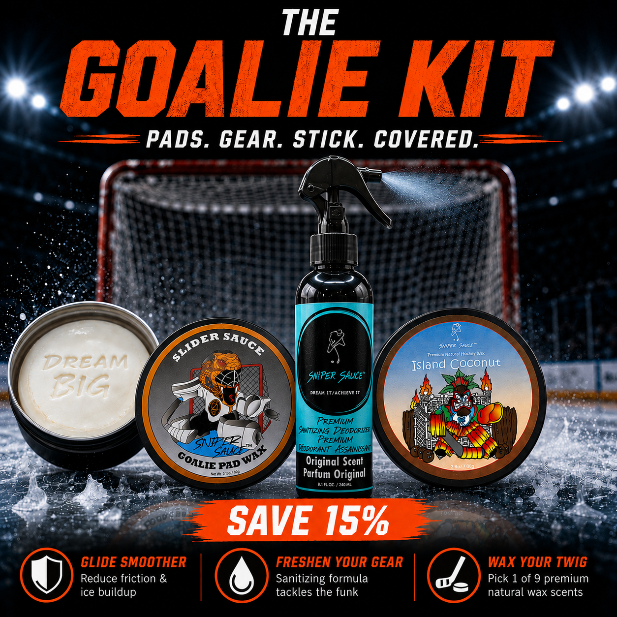 The Goalie Kit — Pad Wax, Gear Deodorizer + Stick Wax