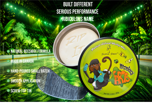 Sniper Sauce hockey stick wax open tin with hockey stick blade showing Sniper Sauce wax applied to the hockey tape. Features of Sniper Sauce hockey stick wax.