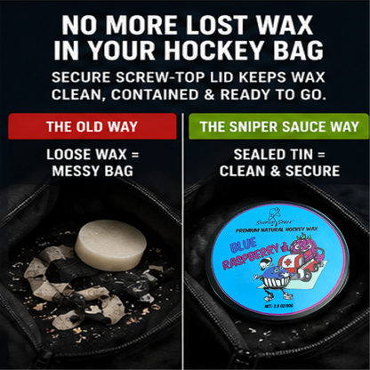 Comparison of loose wax and sealed tin of Sniper Sauce hockey wax, with text 'No More Lost Wax in Your Hockey Bag'.