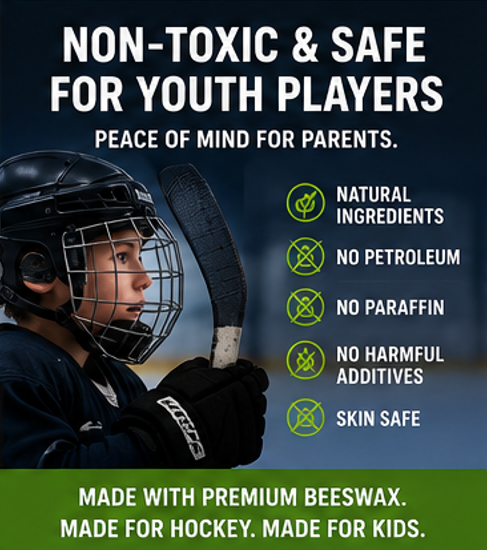 Child in hockey gear with safety features of Sniper Sauce hockey stick wax highlighted text on a dark hockey rink background