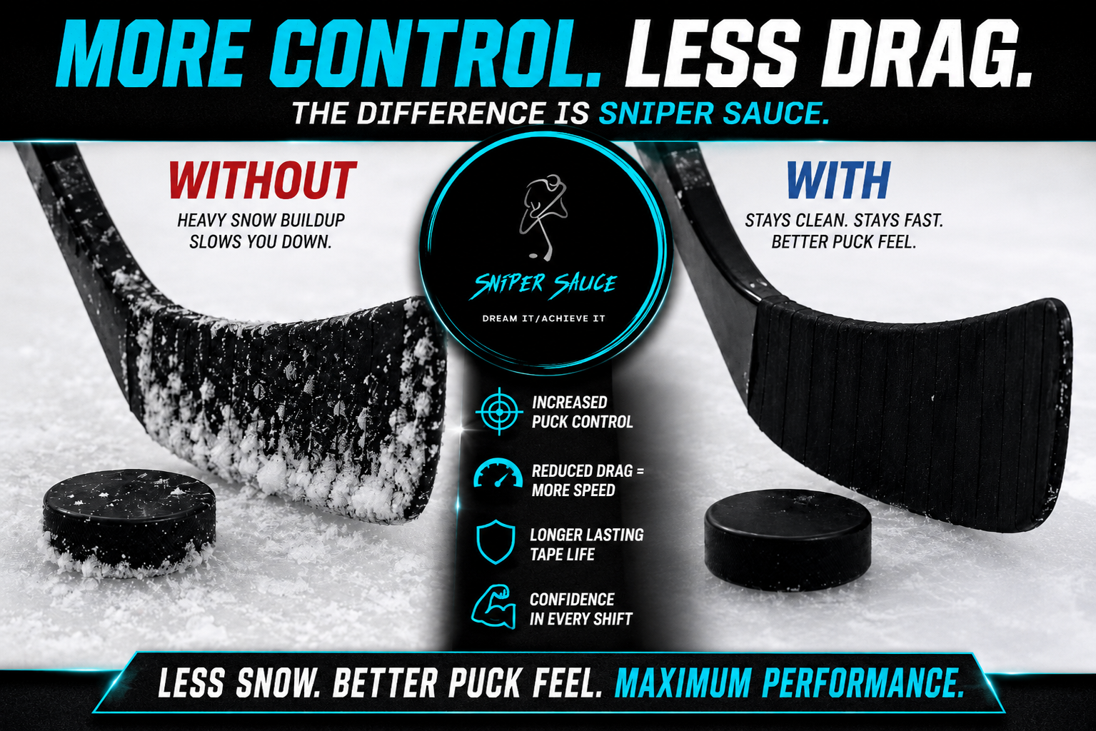 Advertisement for Sniper Sauce hockey product showing before and after effects on a hockey stick and puck.