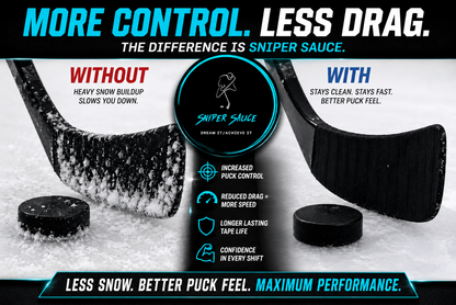 Advertisement for Sniper Sauce hockey product showing before and after effects on a hockey stick and puck.