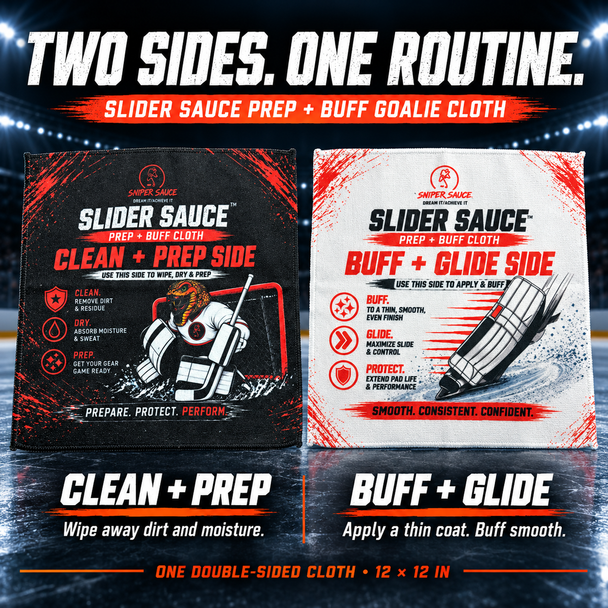 Black Clean + Prep and white Buff + Glide faces of one double-sided 12 by 12-inch cloth.