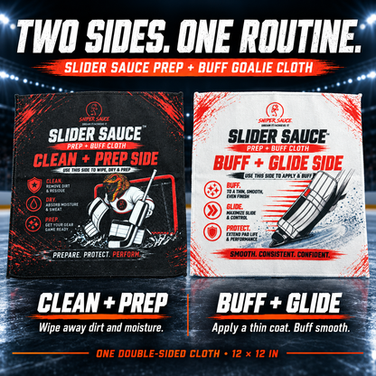 Black Clean + Prep and white Buff + Glide faces of one double-sided 12 by 12-inch cloth.