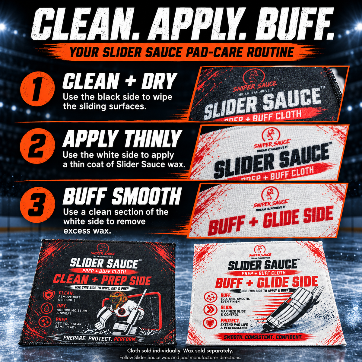 Clean, apply and buff instructions for the Slider Sauce cloth. Wax sold separately.