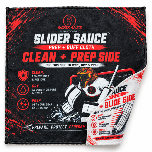 Slider Sauce Prep + Buff Goalie Cloth with a folded corner revealing the white reverse.
